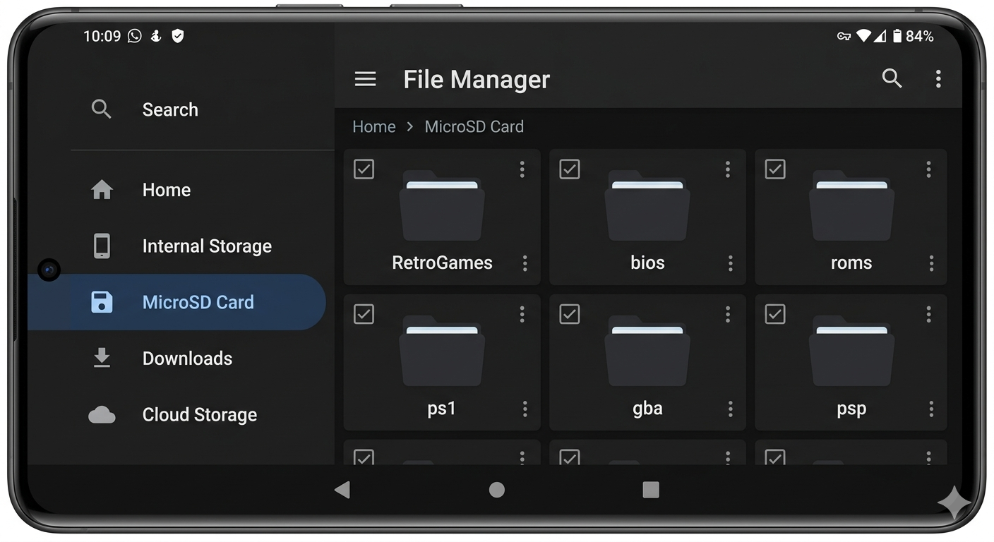 Schermata di un file manager Android scuro che mostra la struttura delle cartelle bios e roms per retro console