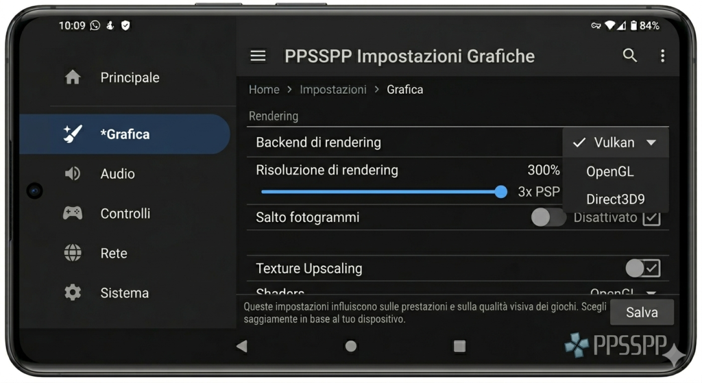 Schermata delle impostazioni grafiche dell'emulatore PPSSPP su Android con renderer Vulkan attivo