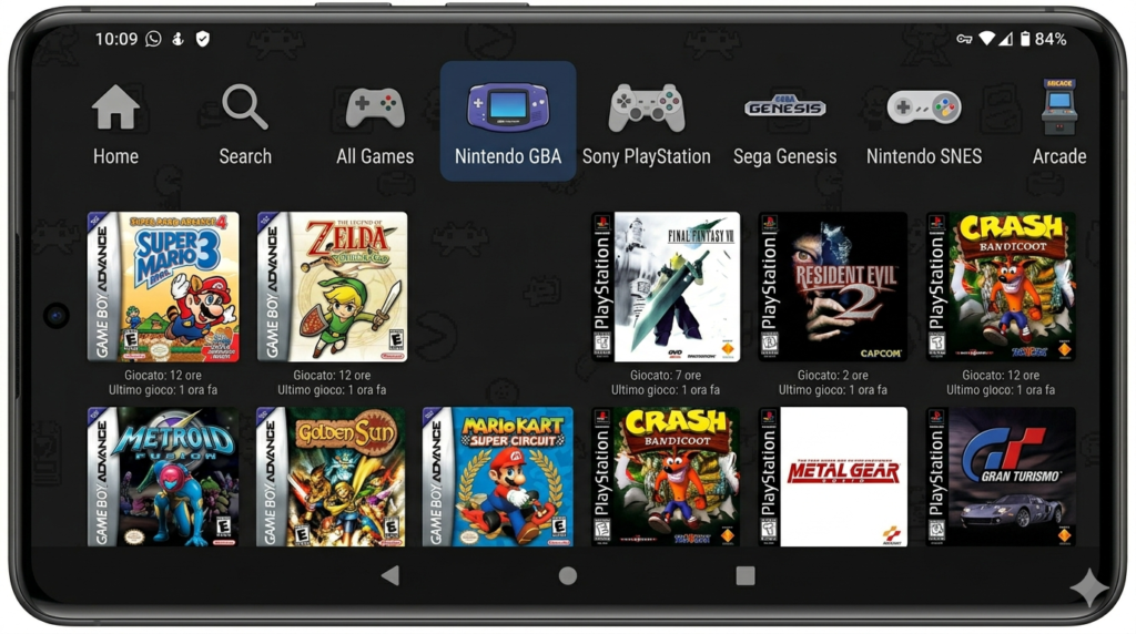Interfaccia del launcher gratuito Daijishō su schermo 16:9 con griglia di copertine di videogiochi retro
