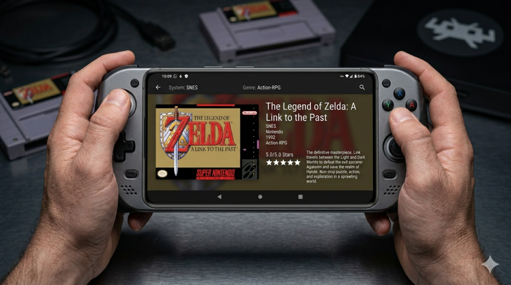 Console da gioco portatile Android con il frontend EmulationStation Desktop Edition e tema grafico Art Book Next